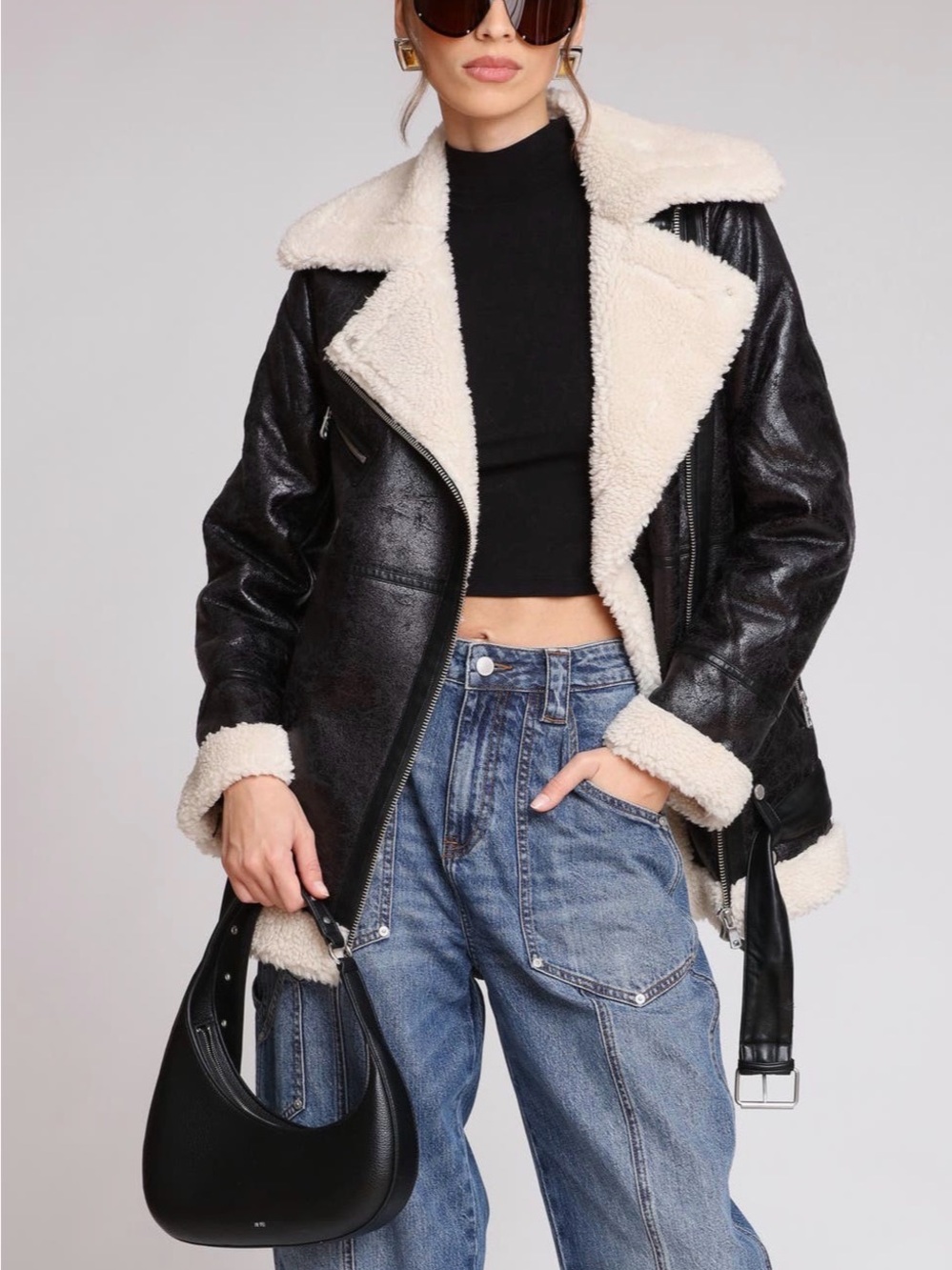 Avec Les Filles Black Faux Leather Shearling Jacket with Cream Trim